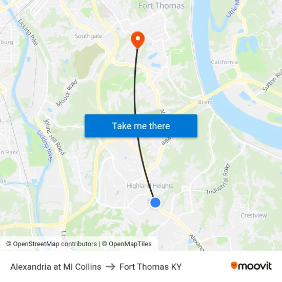 Alexandria at Ml Collins to Fort Thomas KY map