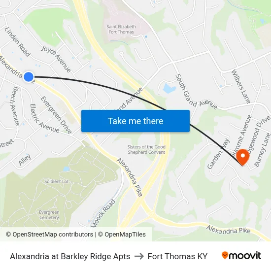 Alexandria at Barkley Ridge Apts to Fort Thomas KY map