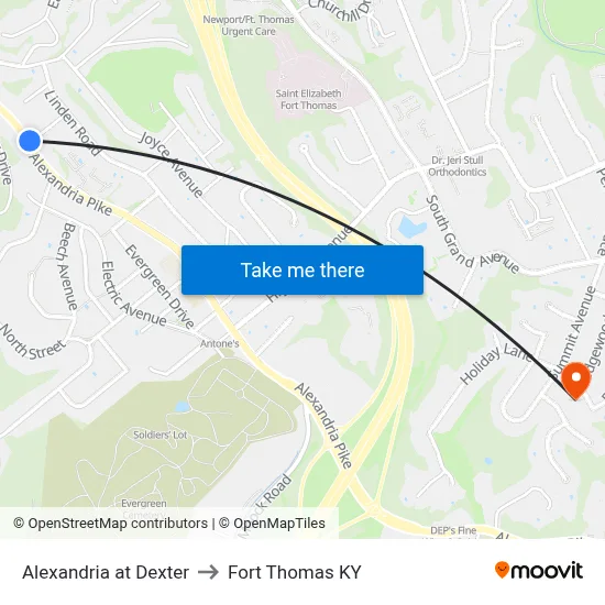 Alexandria at Dexter to Fort Thomas KY map