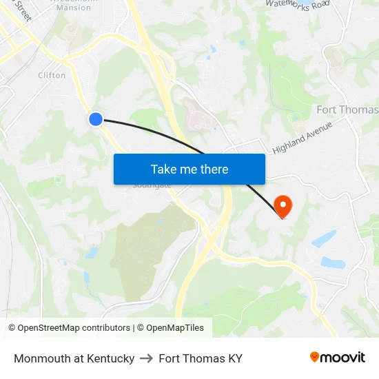 Monmouth at Kentucky to Fort Thomas KY map