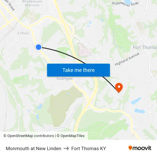 Monmouth at New Linden to Fort Thomas KY map