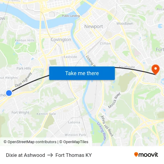 Dixie at Ashwood to Fort Thomas KY map