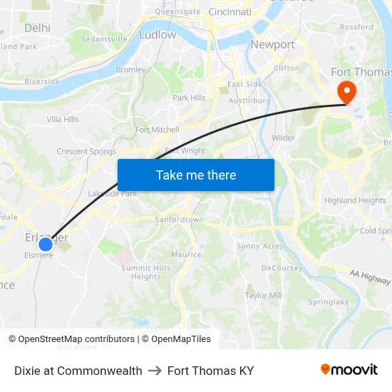 Dixie at Commonwealth to Fort Thomas KY map