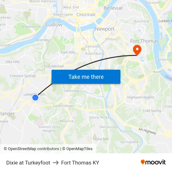 Dixie at Turkeyfoot to Fort Thomas KY map