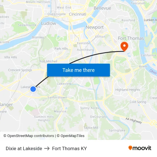 Dixie at Lakeside to Fort Thomas KY map