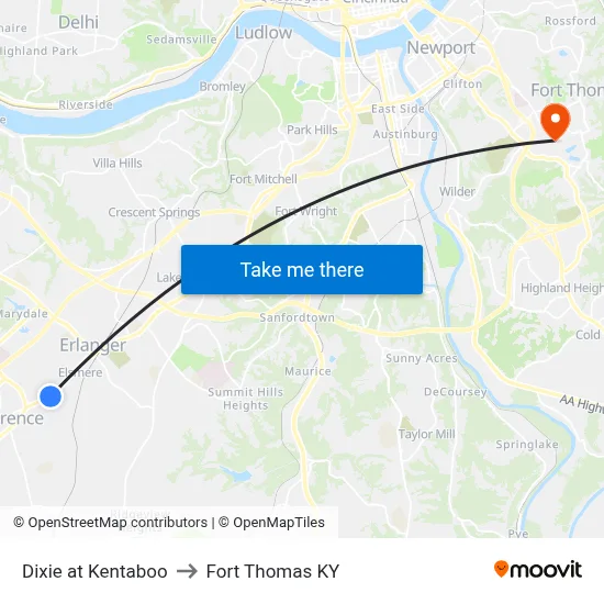 Dixie at Kentaboo to Fort Thomas KY map