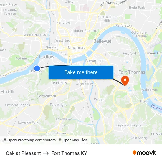 Oak at Pleasant to Fort Thomas KY map