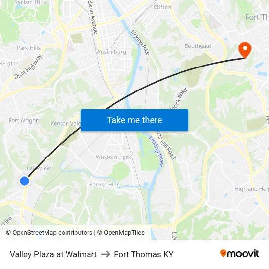 Valley Plaza at Walmart to Fort Thomas KY map