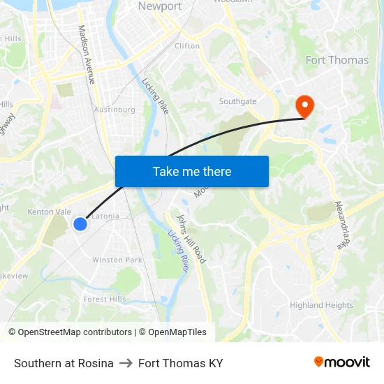 Southern at Rosina to Fort Thomas KY map