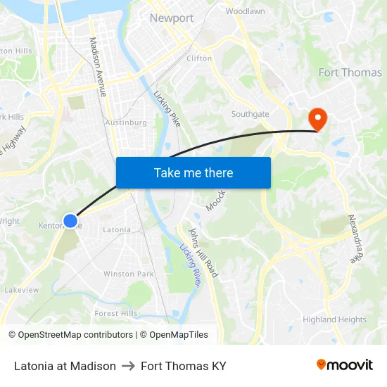 Latonia at Madison to Fort Thomas KY map