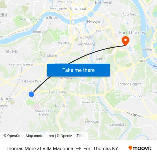 Thomas More at Villa Madonna to Fort Thomas KY map