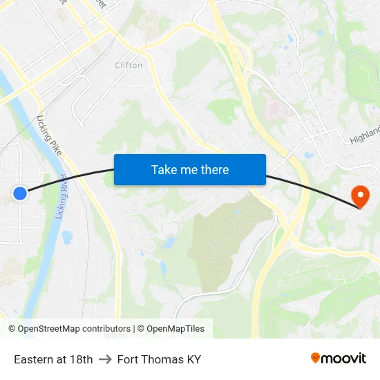 Eastern at 18th to Fort Thomas KY map
