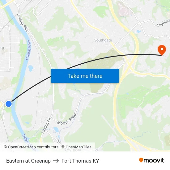 Eastern at Greenup to Fort Thomas KY map