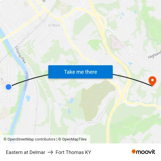 Eastern at Delmar to Fort Thomas KY map
