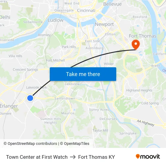 Town Center at First Watch to Fort Thomas KY map