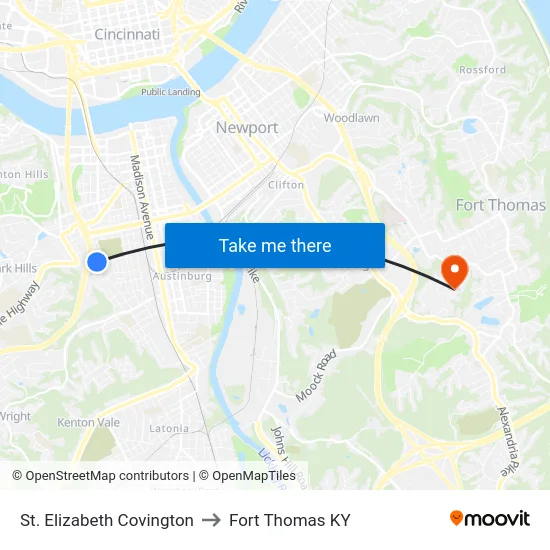 St. Elizabeth Covington to Fort Thomas KY map