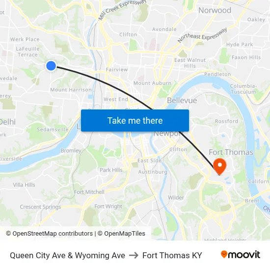 Queen City Ave & Wyoming Ave to Fort Thomas KY map