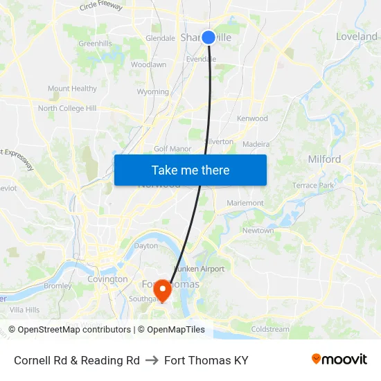 Cornell Rd & Reading Rd to Fort Thomas KY map