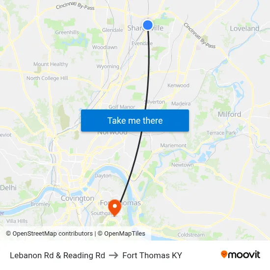 Lebanon Rd & Reading Rd to Fort Thomas KY map