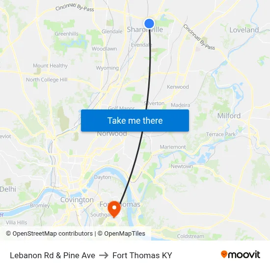 Lebanon Rd & Pine Ave to Fort Thomas KY map