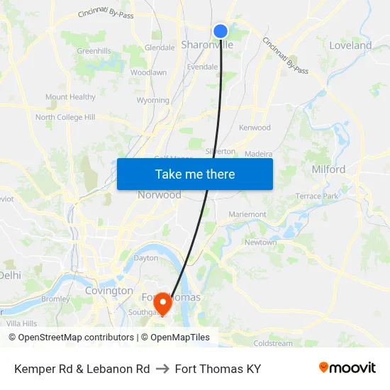 Kemper Rd & Lebanon Rd to Fort Thomas KY map