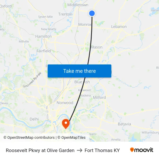 Roosevelt Pkwy at Olive Garden to Fort Thomas KY map