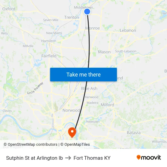 Sutphin St at Arlington Ib to Fort Thomas KY map