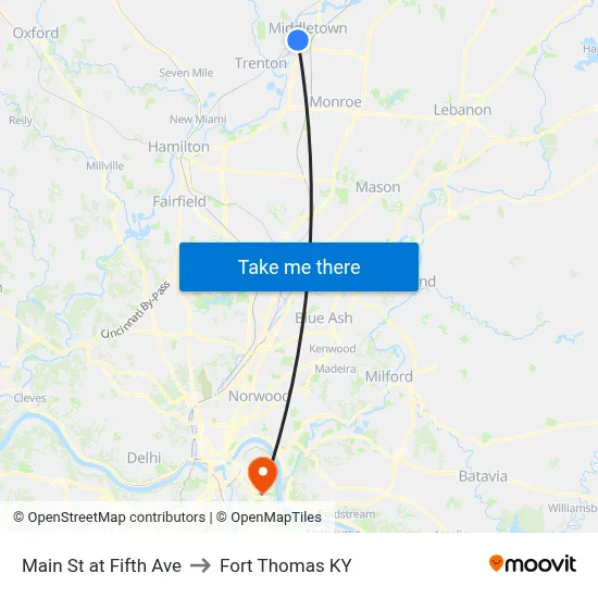 Main St at Fifth Ave to Fort Thomas KY map