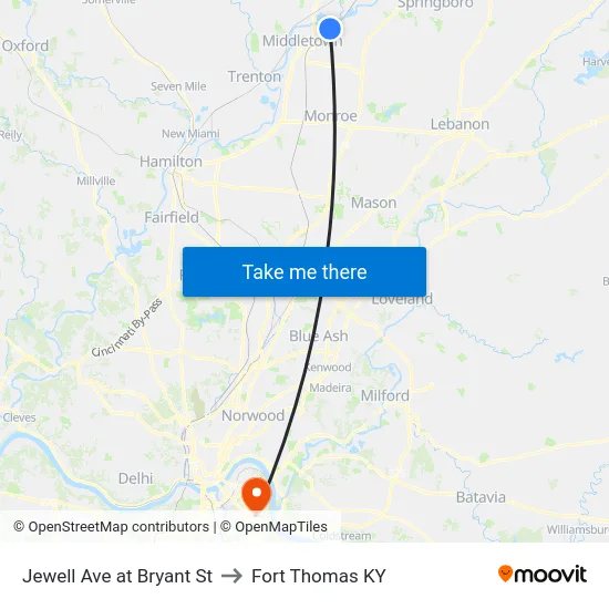 Jewell Ave at Bryant St to Fort Thomas KY map