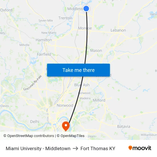 Miami University - Middletown to Fort Thomas KY map