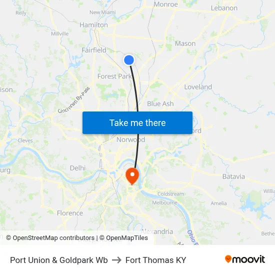 Port Union & Goldpark Wb to Fort Thomas KY map