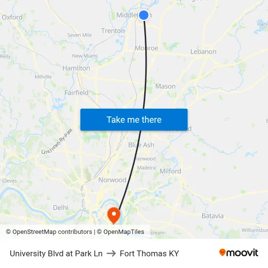 University Blvd at Park Ln to Fort Thomas KY map