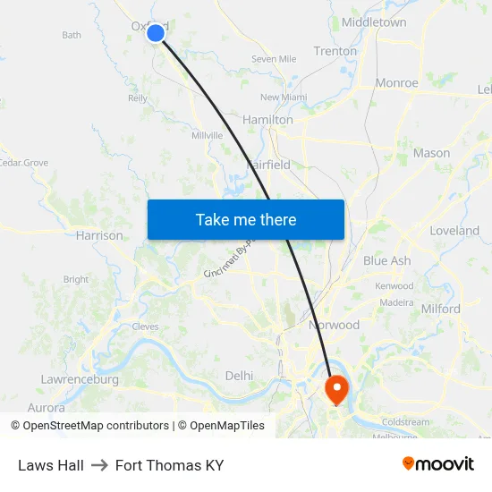 Laws Hall to Fort Thomas KY map