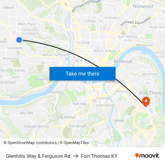 Glenhills Way & Ferguson Rd to Fort Thomas KY map