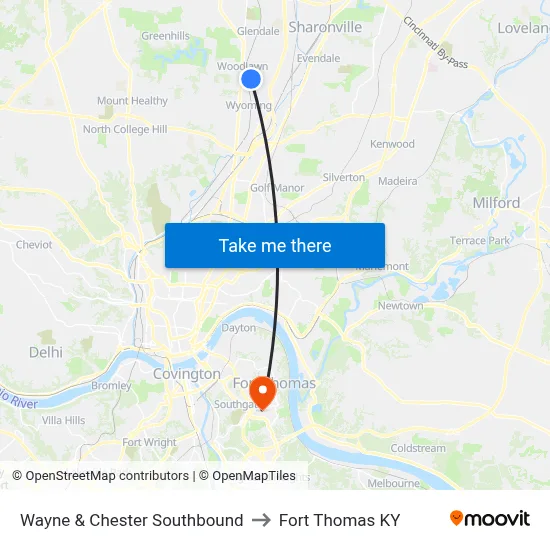 Wayne & Chester Southbound to Fort Thomas KY map