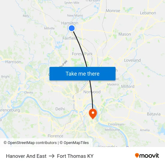 Hanover And East to Fort Thomas KY map