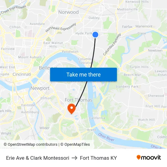Erie Ave & Clark Montessori to Fort Thomas KY map
