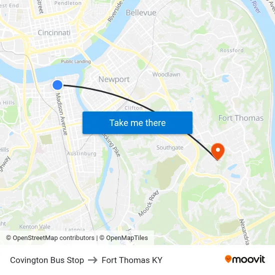 Covington Bus Stop to Fort Thomas KY map