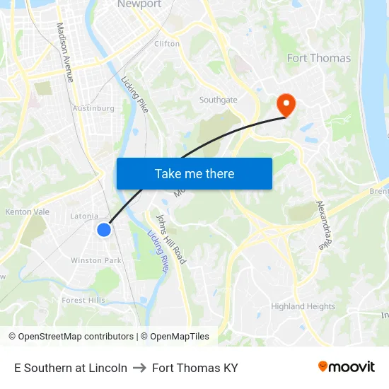 E Southern at Lincoln to Fort Thomas KY map
