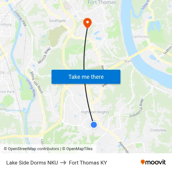 Lake Side Dorms NKU to Fort Thomas KY map