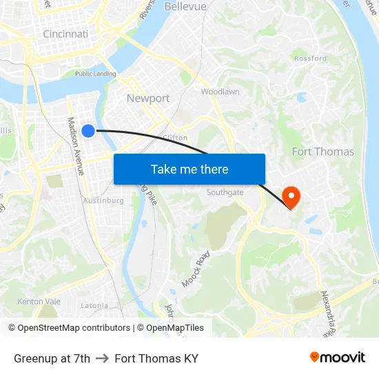Greenup at 7th to Fort Thomas KY map