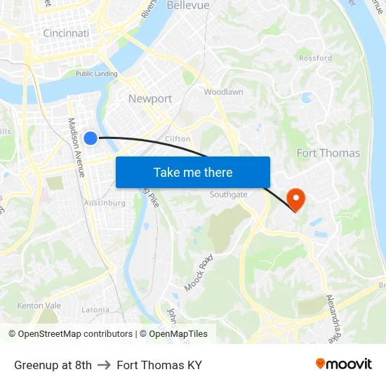 Greenup at 8th to Fort Thomas KY map