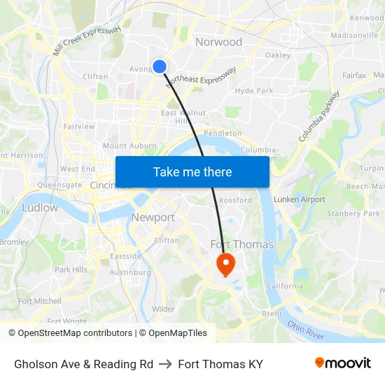 Gholson Ave & Reading Rd to Fort Thomas KY map