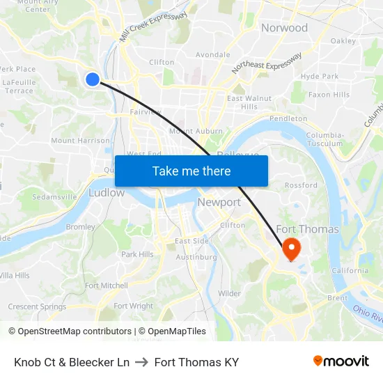 Knob Ct & Bleecker Ln to Fort Thomas KY map