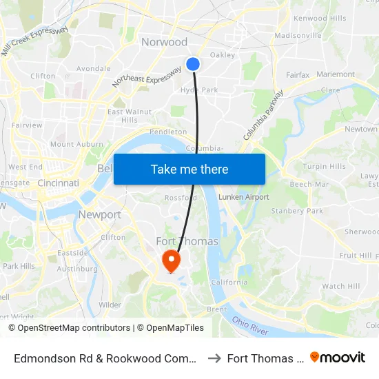 Edmondson Rd & Rookwood Commons to Fort Thomas KY map