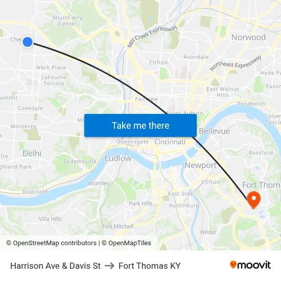 Harrison Ave & Davis St to Fort Thomas KY map