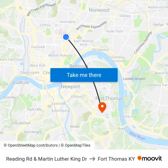 Reading Rd & Martin Luther King Dr to Fort Thomas KY map