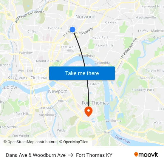 Dana Ave & Woodburn Ave to Fort Thomas KY map
