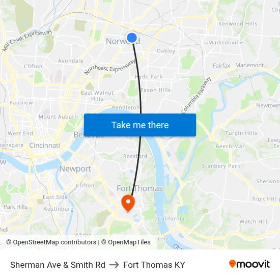 Sherman Ave & Smith Rd to Fort Thomas KY map