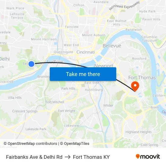 Fairbanks Ave & Delhi Rd to Fort Thomas KY map